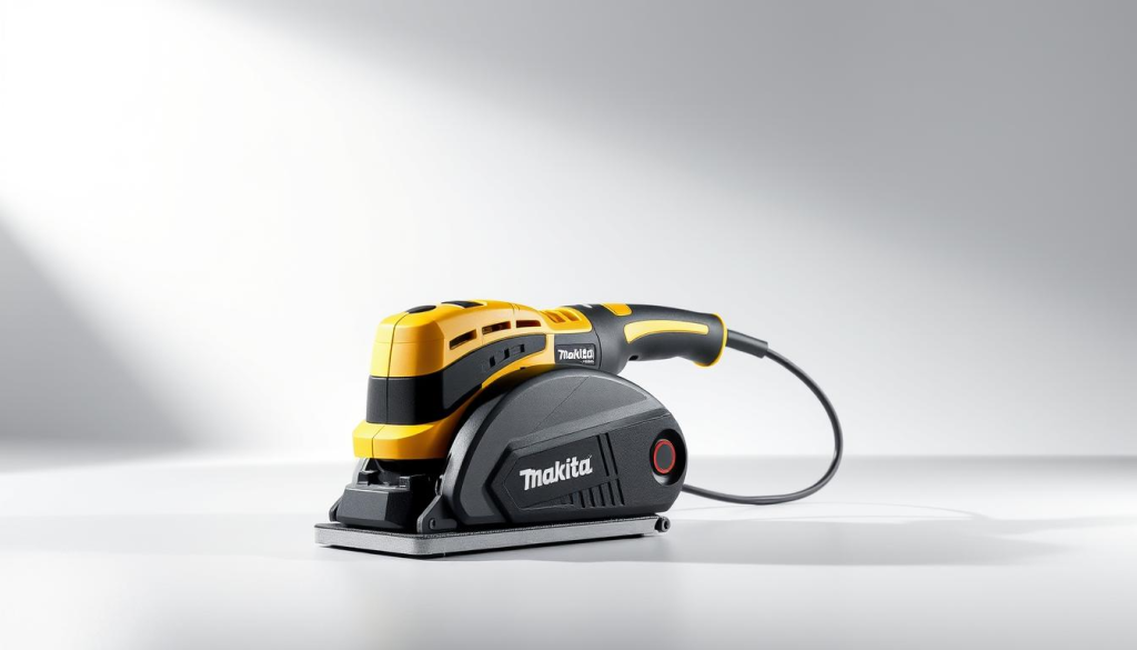 A high-quality, detailed render of the Makita 9403 belt sander, captured in a well-lit studio setting. The sander is positioned prominently in the foreground, its sleek, black-and-yellow design accentuated by crisp, directional lighting that casts subtle shadows, conveying its robust, professional-grade construction. The middle ground features a clean, minimalist background, allowing the sander to be the focal point. The overall composition and lighting create a sense of power, precision, and reliability, reflecting the sander's intended use for demanding DIY projects.