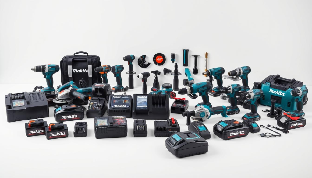 A high-quality, detailed still-life image of an assortment of Makita 40V power tool accessories arranged on a clean, white tabletop. The foreground features a range of Makita 40V battery packs, chargers, and attachments such as impact wrenches, grinders, and saws. The middle ground showcases the versatility of the 40V platform with various power tool heads and interchangeable components. The background has a simple, minimalist setting, allowing the products to take center stage. The lighting is bright and evenly distributed, creating crisp, detailed shadows that accentuate the textures and forms of the Makita accessories. The overall mood is professional, informative, and highlighting the power and adaptability of the 40V system.