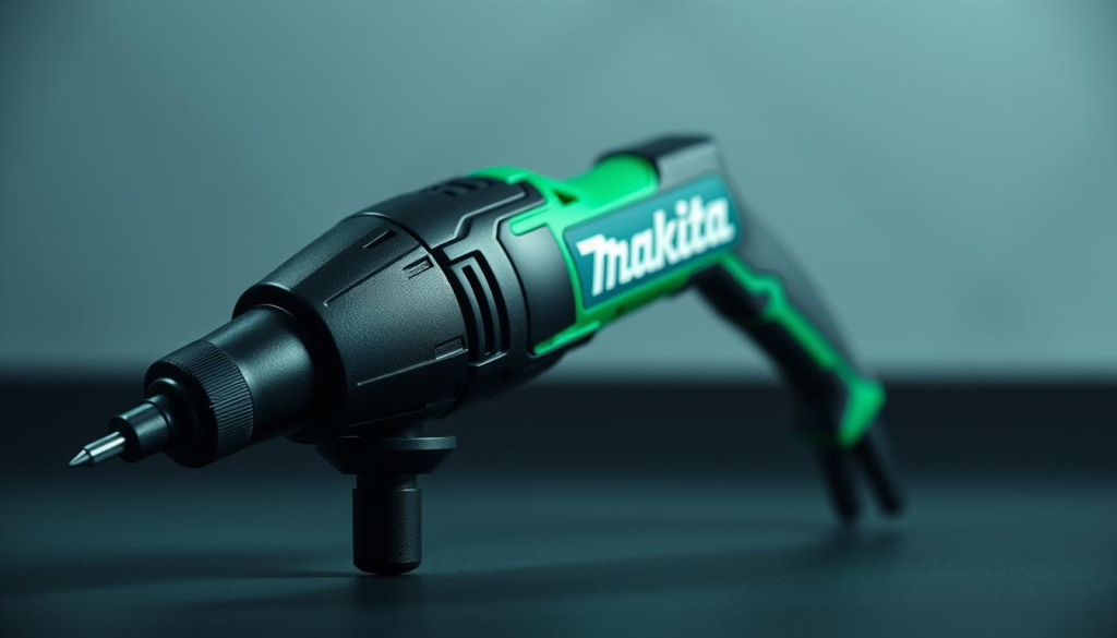 A high-quality, expertly-crafted Makita electric screwdriver standing prominently in the center of the frame. The tool is rendered in exquisite detail, showcasing its sleek, ergonomic design with a vibrant green and black color scheme. Soft, diffused lighting illuminates the screwdriver from the side, casting subtle shadows that accentuate its contours and textures. The background is slightly blurred, keeping the focus squarely on the screwdriver as the star of the image. The overall mood is one of precision, power, and technological sophistication, befitting the reputation of the Makita brand.