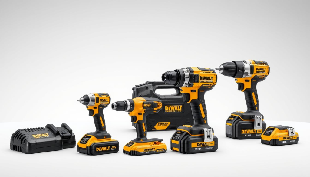 A high-quality, expertly crafted image of the DeWalt 20V MAX line of power tools, showcased against a clean, professional backdrop. The tools are displayed in a well-lit, slightly angled composition, highlighting their sleek, modern design and rugged construction. The image conveys a sense of power, reliability, and the brand's commitment to innovation. The background is a subtle, neutral tone that allows the tools to take center stage, making this the perfect illustration for the "Exploring Other Popular DeWalt Lines" section of the article.