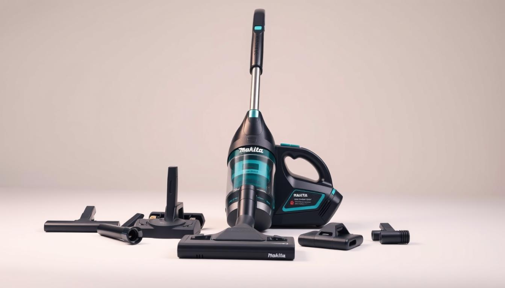 A high-quality, expertly-designed Makita cordless vacuum cleaner, captured in a well-lit, detailed studio photograph. The vacuum is prominently displayed in the center of the frame, showcasing its sleek, modern black and blue color scheme, with the Makita logo clearly visible. The vacuum's various attachments and accessories are neatly arranged around it, highlighting its versatility. The lighting is soft and diffused, creating a warm, inviting atmosphere that emphasizes the premium quality of the product. The camera angle is slightly elevated, providing a clear, unobstructed view of the vacuum's form and features. The background is clean and minimalist, ensuring the vacuum remains the sole focus of the image.
