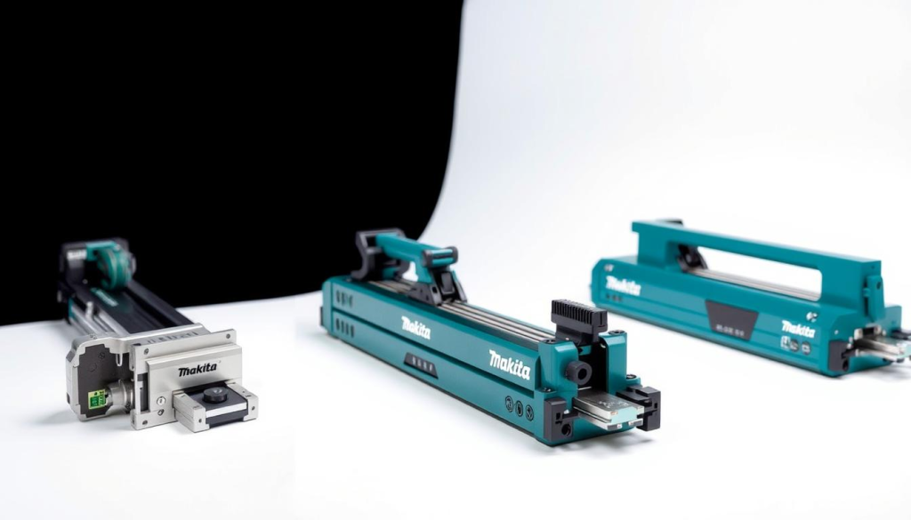 A high-quality, expertly-lit comparison of different guide rail systems, showcasing their unique features and design elements. The foreground prominently displays three distinct guide rail systems - a Makita system, alongside two leading competitor models. Each rail is shown from multiple angles, allowing viewers to clearly observe their construction, sliding mechanisms, and overall aesthetic. The middle ground features a clean, neutral background, allowing the guide rails to take center stage. Careful attention to lighting and camera angles ensures that all relevant details are captured with clarity and precision, inviting the viewer to closely examine and compare the systems. The overall atmosphere is one of technical sophistication and attention to engineering excellence.