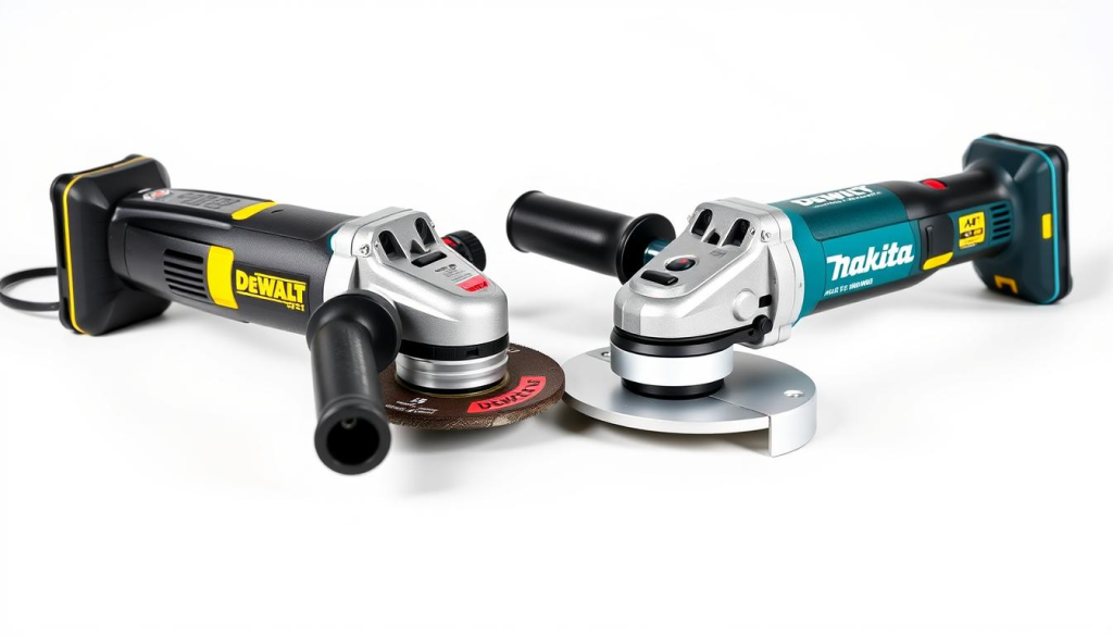 A high-quality, expertly-lit comparison shot of the DEWALT 921 and Makita angle grinders set against a crisp, clean white background. The grinders are placed side-by-side, capturing their distinctive designs and features in sharp detail. Bright, directional lighting highlights the metallic textures and sleek profiles of the tools, conveying a sense of precision and power. The composition emphasizes the comparative aspects, allowing the viewer to closely examine and contrast the two models. The image has a professional, technical feel, suitable for inclusion in a product review or comparison article.