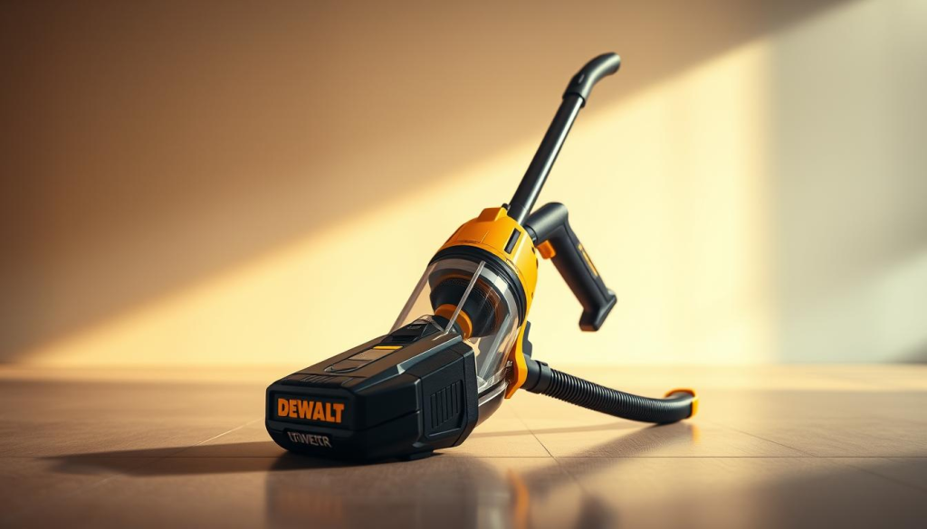 A high-quality, heavily detailed photorealistic image of a DEWALT cordless vacuum cleaner, showcasing its powerful performance. The vacuum is positioned in the foreground, bathed in warm, directional lighting that accentuates its sleek, angular design and sturdy construction. The middle ground features a clean, minimalist background, allowing the vacuum to be the focal point. Subtle shadows and reflections on the surface create a sense of depth and dimension. The overall scene conveys a mood of efficiency, reliability, and whisper-quiet operation, perfectly complementing the "Powerful Performance That Delivers" section of the article.
