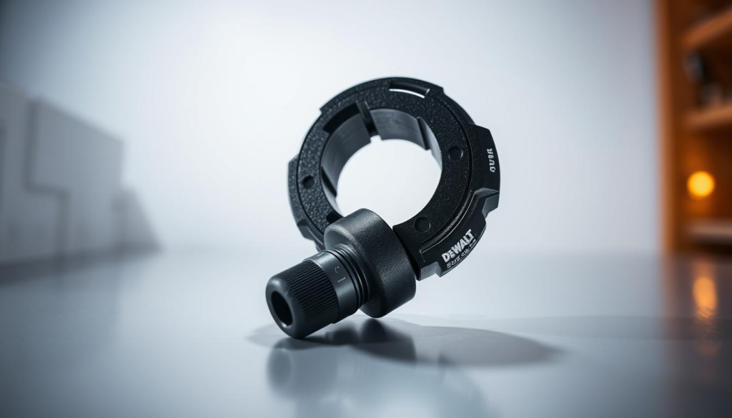 A high-quality, high-resolution image of a DeWalt 90-degree drill adapter, captured in a well-lit, clean, and professional studio environment. The adapter is placed on a sleek, reflective surface, showcasing its sturdy and compact design. The lighting is soft and diffused, creating subtle shadows that accentuate the tool's form and texture. The camera angle is slightly elevated, providing a clear and detailed view of the adapter, emphasizing its versatility and functionality for use in tight spaces.