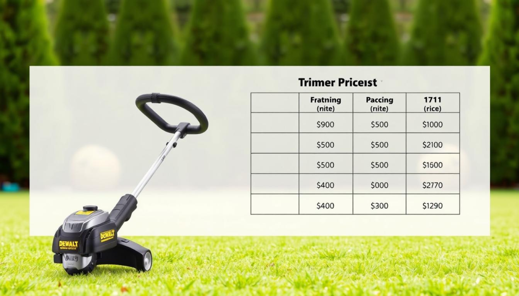 A high-quality image of a DEWALT yard trimmer pricing comparison, set against a clean, bright background. The trimmer model is prominently displayed in the foreground, showcasing its sturdy construction and sleek design. In the middle ground, a simple table or chart lays out the pricing details, with clear, easy-to-read columns. The background features a subtle, natural-looking scene, such as a well-manicured lawn or a serene garden, to reinforce the product's intended use. The lighting is soft and even, highlighting the trimmer's features and the pricing information. The overall composition is balanced and visually appealing, creating a professional and informative illustration for the "Pricing and Availability" section of the article.