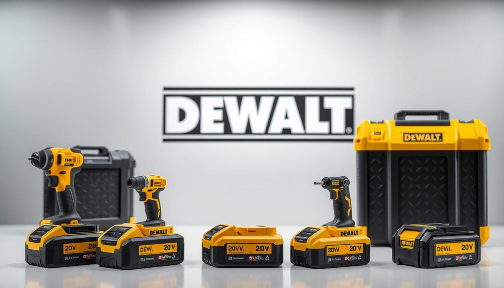 A high-quality image showcasing the various types of DEWALT 20V batteries. The foreground features a collection of the different battery models, including compact, standard, and extended-capacity versions, arranged with careful attention to detail and lighting. The middle ground displays the DEWALT logo prominently, with a clean, professional backdrop that complements the batteries. The background incorporates a subtle, technical pattern or texture that suggests the advanced engineering and technology behind these power tools. The overall composition conveys the range, versatility, and reliability of the DEWALT 20V battery ecosystem.