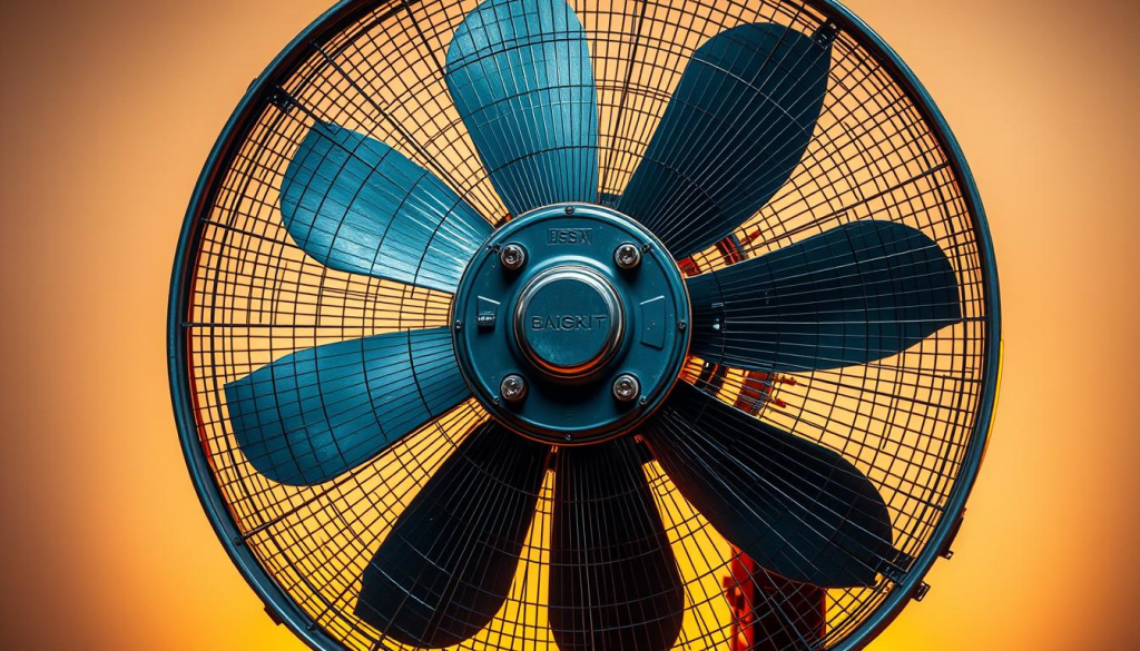 A high-quality industrial fan with a robust metal housing and sturdy blade assembly. The fan is illuminated by warm, directional lighting, casting dramatic shadows and highlighting the intricate mechanical details. The foreground showcases the fan's intricate blade design, precisely engineered for maximum airflow efficiency. In the middle ground, the rugged construction of the fan's support frame and housing is visible, emphasizing the overall durability. The background features a clean, minimalist studio setting, allowing the fan's impressive build quality to take center stage. The overall composition conveys a sense of power, reliability, and meticulous engineering, fitting the "Durability and Build Quality" theme.