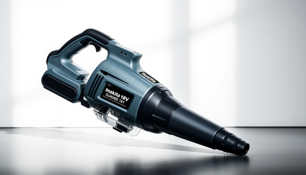 A high-quality, industrial-grade cordless vacuum cleaner, the Makita 18V model, set against a clean, minimalist background. The device is prominently featured, showcasing its sleek, grey and black color scheme, ergonomic handle, and powerful suction nozzle. Diffused lighting from the side creates dramatic shadows, highlighting the vacuum's robust construction and attention to detail. The scene conveys a sense of efficiency, durability, and the high-performance cleaning capabilities of this cordless power tool.