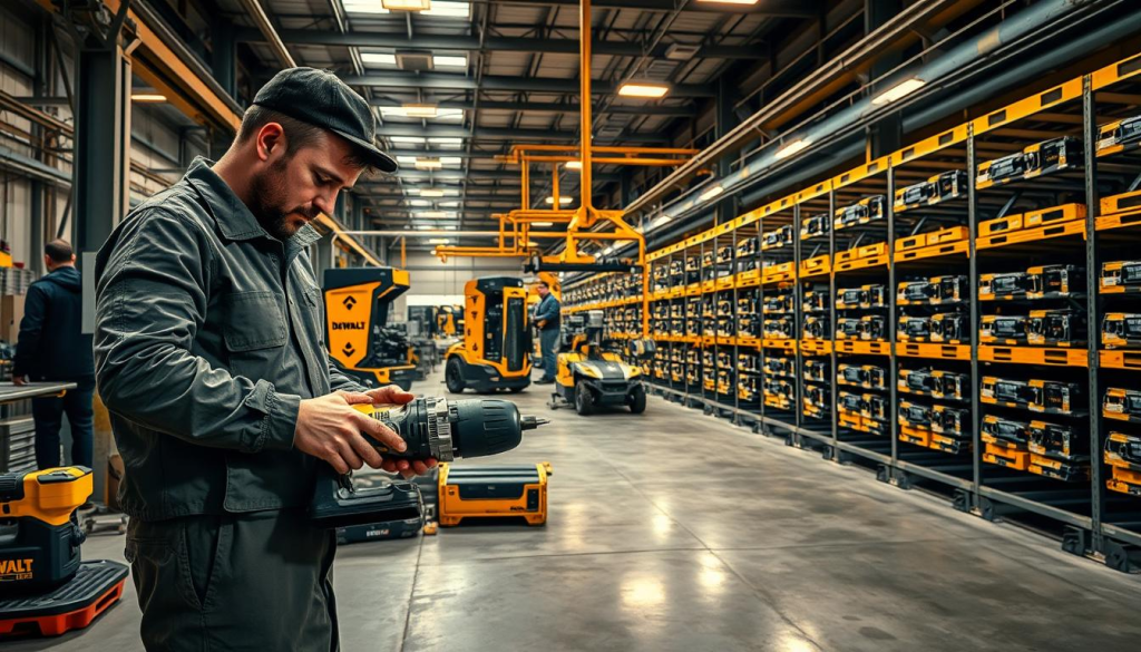 A high-quality industrial manufacturing facility with gleaming DEWALT power tools and equipment. The interior is well-lit with warm, directional lighting casting long shadows. Concrete floors and exposed steel beams create a utilitarian, no-nonsense atmosphere. In the foreground, a technician meticulously inspects a freshly assembled power tool, ensuring it meets DEWALT's renowned quality standards. In the middle ground, an automated assembly line efficiently produces a variety of DEWALT products. The background features rows of storage racks filled with precision-engineered components, ready for integration into the next wave of DEWALT innovations. An atmosphere of technological prowess, attention to detail, and unwavering commitment to quality permeates the scene.