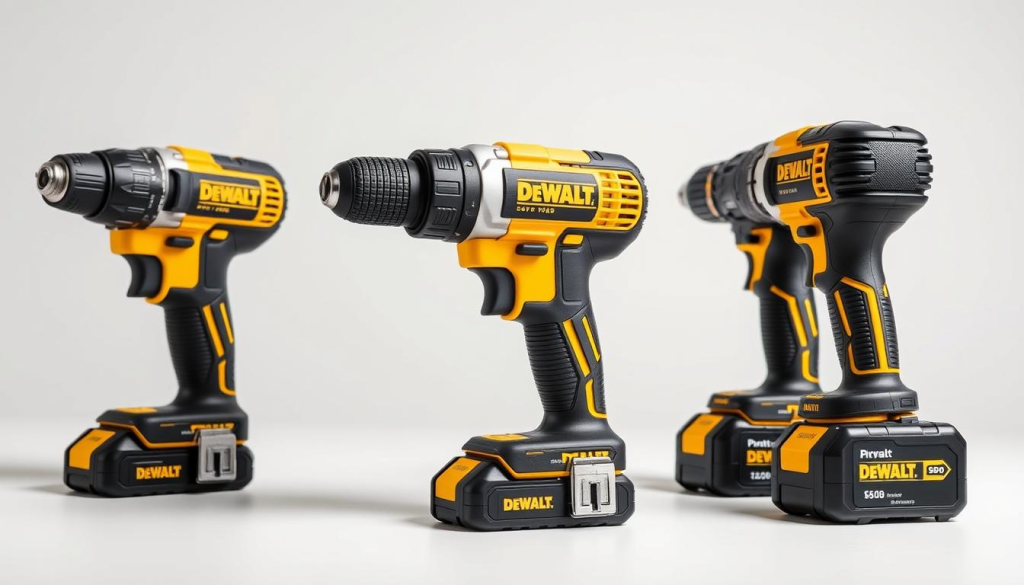 A high-quality, meticulously detailed image of three DEWALT cordless drills from different angles, showcased against a clean, minimalist background. The drills are prominently displayed, with a sharp focus on their sleek, industrial design, textured grip surfaces, and battery components. The lighting is soft and diffused, creating a sense of depth and dimensionality. The overall composition is balanced and visually appealing, allowing the DEWALT brand and its distinctive features to take center stage. The image conveys a sense of professionalism, quality, and technical precision, perfectly aligning with the "Comparing DEWALT with Competitors" section of the article.