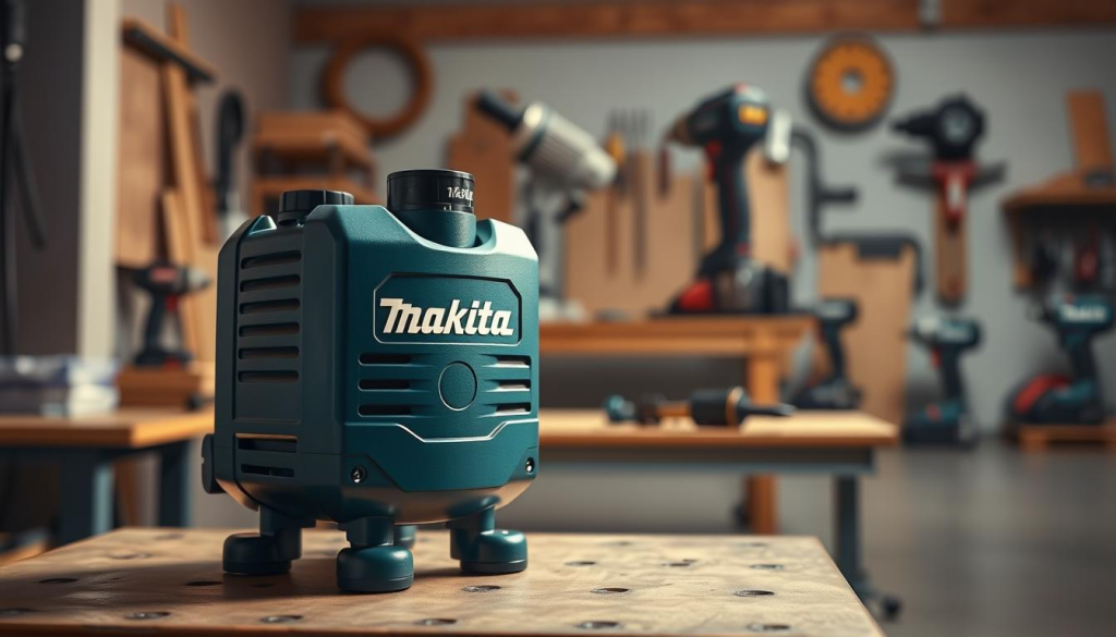 A high-quality, photorealistic image of a Makita air pump, showcasing its sleek and durable design. The pump is positioned prominently in the foreground, bathed in warm, directional lighting that accentuates its metallic accents and smooth contours. The mid-ground features a clean, minimalist workshop setting, with a wooden workbench and various Makita power tools in the background, hinting at the pump's versatility and integration into a professional workspace. The overall atmosphere is one of precision, reliability, and an unwavering commitment to excellence - attributes that embody the Makita brand and its engineering prowess.