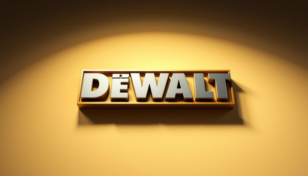 A high-quality, photorealistic image of the DeWALT power tools company logo and brand identity, rendered in a detailed, three-dimensional style. The logo is prominently featured in the center, with a clean, well-lit and highly reflective metallic finish, casting subtle shadows on a soft, muted background. The overall composition has a professional, corporate aesthetic, with a sense of authority and reliability conveyed through the solid, sturdy construction of the logo. Subtle hints of the company's history and heritage are present in the design, creating a sense of prestige and legacy. The lighting is carefully controlled, with dramatic highlights and shadows that accentuate the form and texture of the logo, resulting in a visually striking and impactful image.