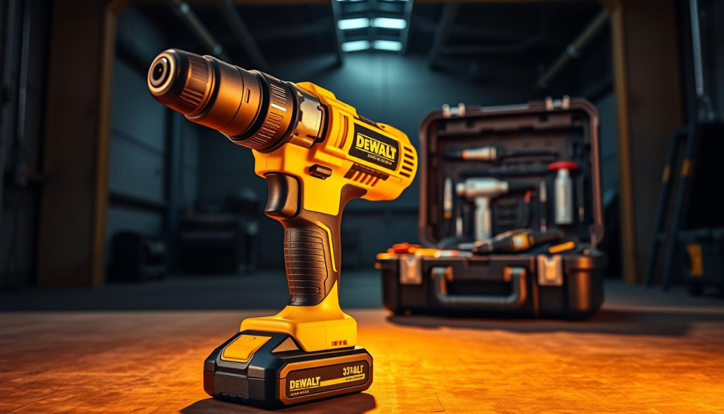 A high-quality power tool against a sleek, industrial backdrop. In the foreground, a DEWALT cordless drill gleams under warm, directional lighting, its sturdy build and precise metal components capturing the brand's commitment to durability and performance. In the middle ground, a DEWALT toolbox stands open, revealing an array of meticulously crafted tools, each designed for optimal efficiency. The background features a shadowy, factory-like environment, conveying DEWALT's heritage of reliable, workshop-ready equipment. The overall scene exudes a sense of strength, reliability, and unwavering quality that has defined the DEWALT brand for generations.