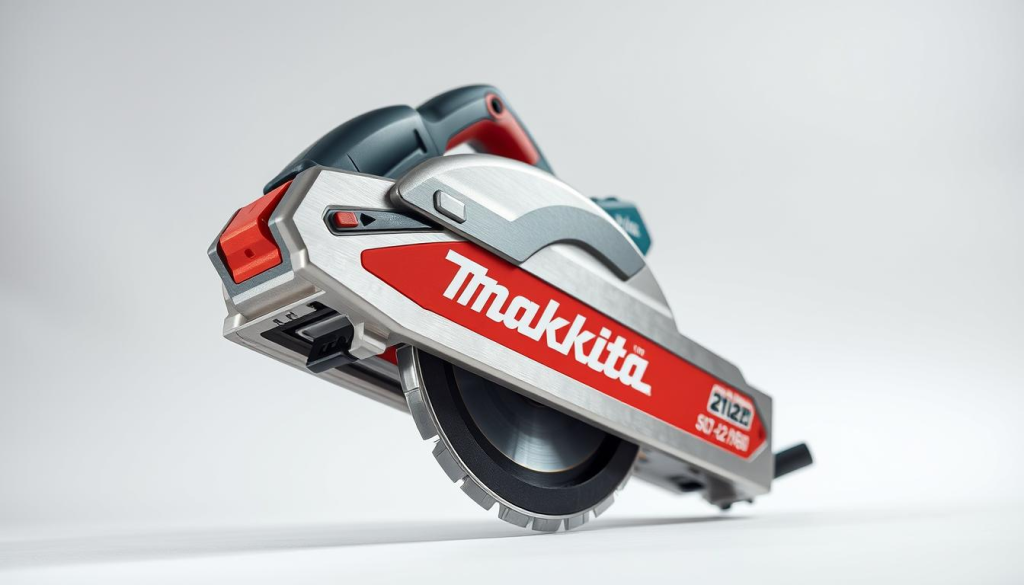 A high-quality, precision-engineered Makita Flip Saw against a clean, minimalist backdrop. Sleek brushed metal housing with vibrant red accents, gleaming chrome trim, and crisp typography. The saw's sharp, angled blades appear poised to slice through wood with surgical efficiency. Soft, even lighting highlights the tool's meticulous design and construction, conveying a sense of power, reliability, and professional-grade performance. The scene is captured from a low, three-quarter angle, putting the saw's advanced features and capabilities on full display. An atmosphere of focused functionality and cutting-edge woodworking technology permeates the image.