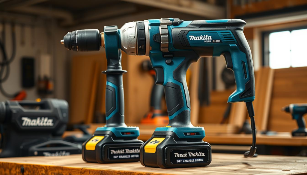 A high-quality, precision-engineered Makita cordless hammer drill, standing prominently in a well-lit, professional workshop setting. The drill's sleek, ergonomic design is highlighted, with a metallic blue and black color scheme. Intricate details, such as the powerful brushless motor, 3-mode LED work light, and variable speed trigger, are clearly visible. The drill is positioned on a sturdy wooden workbench, surrounded by other Makita tools, conveying a sense of durability and reliability. The lighting is warm and directional, casting subtle shadows that accentuate the drill's robust construction. The overall atmosphere exudes a professional, high-performance vibe, befitting the power and versatility of this Makita cordless hammer drill.