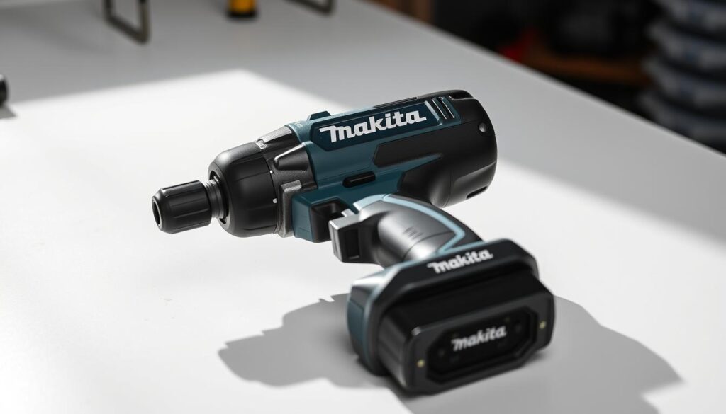 A high-quality, professional-grade Makita 18V impact driver rests on a clean, well-lit workbench. The driver's sleek, dark gray casing is meticulously detailed, with the Makita logo prominently displayed. Shadows cast by the driver's form create depth and dimension, suggesting a studio lighting setup. The impact driver is shown from a slightly low angle, conveying a sense of power and reliability. The background is blurred, keeping the focus on the tool itself and creating a minimalist, product-focused composition.