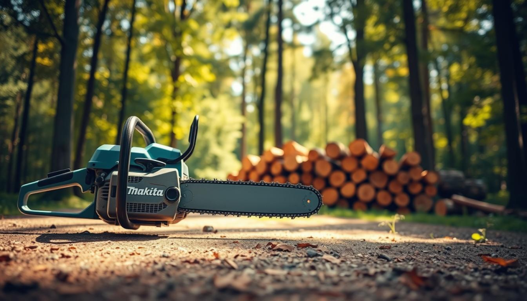 A high-quality, professional-grade Makita chainsaw, featuring a powerful motor and a sharp, durable chain, stands prominently in the foreground. The chainsaw is captured from a slightly angled perspective, casting a dynamic shadow on the ground. The middle ground showcases a neatly stacked pile of freshly cut logs, suggesting the saw's efficient performance. In the background, a lush, verdant forest provides a natural, serene setting, illuminated by warm, diffused sunlight filtering through the canopy. The overall composition conveys a sense of effortless power and precision, perfectly suited for the "Choosing the Right Chainsaw for Your Needs" section of the article.