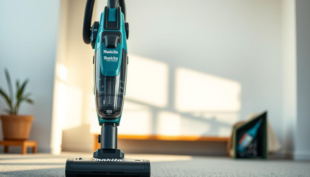 A high-quality, professional-grade Makita cordless vacuum cleaner standing prominently in the foreground, its sleek and modern design accentuated by warm, natural lighting. In the middle ground, the vacuum's powerful suction and cordless convenience are showcased through a clean, minimalist background, emphasizing its versatility and ease of use. The overall scene conveys a sense of efficiency, practicality, and the benefits of a cordless vacuum cleaner for a variety of cleaning tasks.