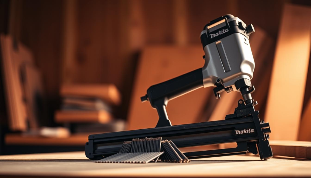 A high-quality, professional-grade Makita framing nail gun resting on a workbench, illuminated by warm, directional lighting that casts dramatic shadows. The nail gun is positioned in the foreground, its metallic body and robust construction clearly visible. In the middle ground, a selection of framing nails in various sizes are arranged neatly, hinting at the tool's versatility. The background is blurred, allowing the nail gun to be the focal point, conveying a sense of precision and attention to detail. The overall mood is one of professional-level power and reliability, perfectly suited for the "Types of Makita Nail Guns" section of the article.
