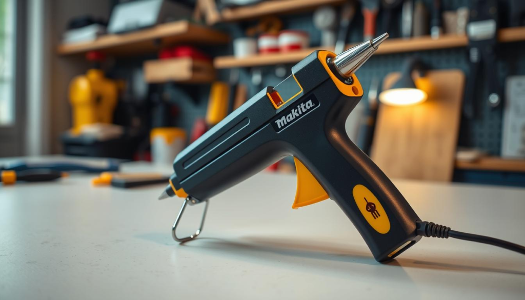 A high-quality, professional-grade Makita glue gun resting on a clean, well-lit workbench. The tool is prominently featured in the foreground, its sleek black and yellow design gleaming under warm studio lighting. The background is slightly blurred, revealing a neatly organized workspace with various tools and materials, creating a sense of context and purpose. The image conveys the reliability, power, and versatility of the Makita glue gun, highlighting its position as a trusted tool for crafters, DIYers, and professionals alike.