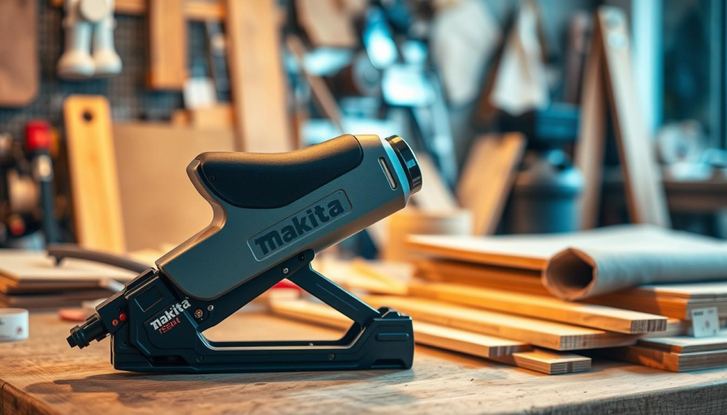A high-quality, professional-grade Makita staple gun, its sleek grey and black body gleaming under warm, focused lighting. The stapler sits prominently in the foreground, its ergonomic design and sturdy build conveying reliability and power. The middle ground showcases a variety of DIY materials - wood planks, fabric swatches, and other project essentials - hinting at the versatility of this staple gun. In the softly blurred background, glimpses of a well-equipped workshop or home workspace create a sense of context, emphasizing the tool's suitability for a range of DIY endeavors. The overall mood is one of confident, capable craftsmanship.