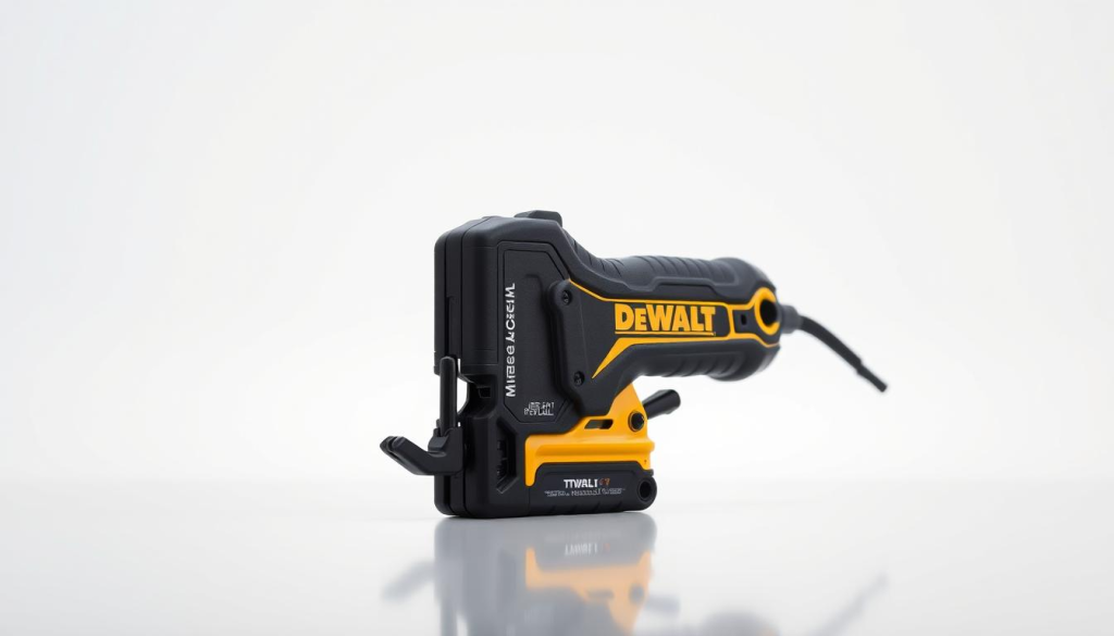 A high-quality, professional-looking DEWALT Zip Tool, meticulously crafted and photographed in a clean, well-lit studio setting. The tool is prominently displayed in the foreground, with a smooth, reflective surface that captures the sleek, modern design. The background is a simple, neutral color that allows the tool to stand out. The lighting is soft and even, creating subtle shadows that accentuate the tool's contours and details. The camera angle is slightly elevated, providing a dynamic, three-dimensional perspective that showcases the Zip Tool's key features, including its compact size, ergonomic grip, and versatile functionality.