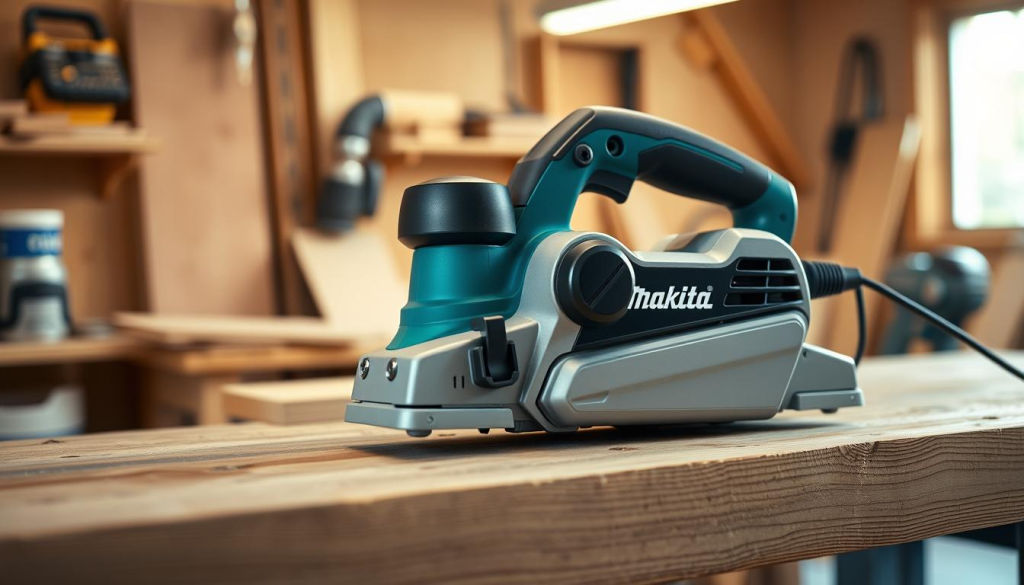 A high-quality, professional-looking Makita electric planer resting on a wooden workbench in a well-lit workshop. The planer is meticulously detailed, showcasing its sleek design, sturdy build, and powerful motor. The image captures the planer's ergonomic features, such as the comfortable grip and the easy-to-use control buttons. The background is blurred, putting the focus on the planer and creating a sense of depth. The overall lighting is warm and natural, casting subtle shadows that highlight the planer's contours and textures. The image conveys the precision, reliability, and user-friendliness of the Makita planer, perfectly reflecting the "Benefits of Using a Makita Planer" section of the article.