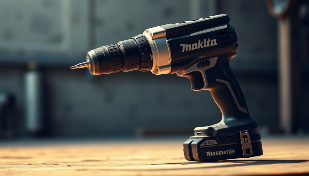 A high-quality, professional-looking image of a Makita hammer impact driver in a well-lit, industrial setting. The driver is the central focus, captured from a slightly low angle to emphasize its power and durability. The metallic body gleams under the warm, directional lighting, casting crisp shadows that convey a sense of depth and three-dimensionality. The background features a neutral, slightly blurred industrial environment, hinting at the tool's versatility and suitability for a range of home improvement tasks. The overall composition and lighting evoke a mood of strength, reliability, and efficiency, reflecting the "Performance and Efficiency" theme of the article section.