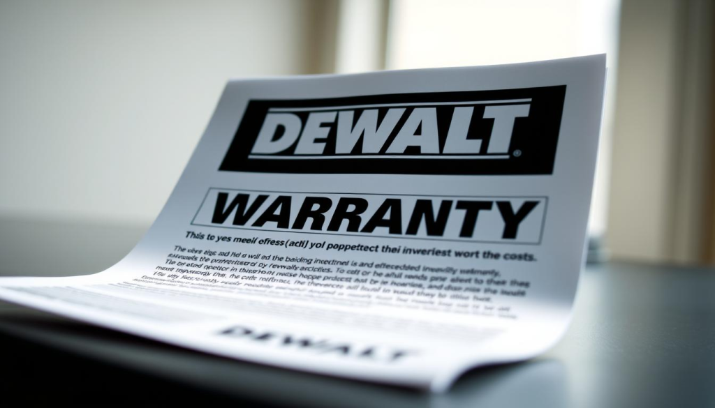 A high-quality professional photograph of a DEWALT tools warranty document, shot in natural daylight with a shallow depth of field. The warranty document is the primary focus, taking up a significant portion of the frame, with a clean, minimalist background that allows the text and branding to stand out. The lighting is soft and even, highlighting the texture and details of the paper. The camera angle is slightly angled, creating a sense of depth and emphasizing the importance of the warranty information. The overall mood is one of reassurance and confidence in the DEWALT brand, conveying the message that these tools are a long-term investment worth the cost.