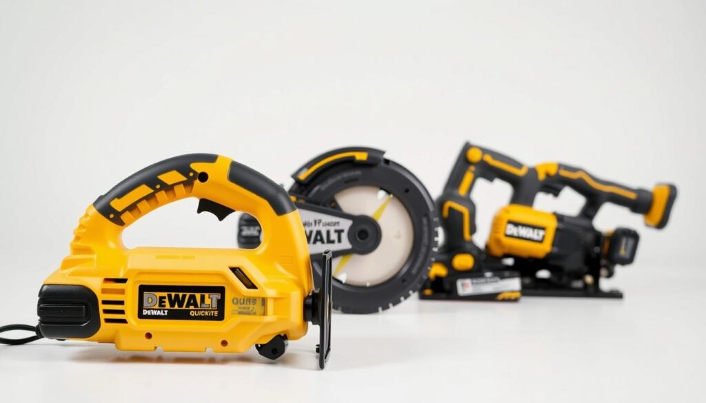 A high-quality, professional product comparison image featuring the Dewalt Quickie Saw alongside its main competitors. The foreground showcases the Dewalt saw in crisp detail, emphasizing its compact, ergonomic design. The middle ground presents the competing models side-by-side, allowing for a clear visual comparison of size, features, and overall aesthetics. The background is a clean, minimalist setting with subtle lighting to highlight the tools' materials and finishes. The overall composition conveys a sense of authority, expertise, and attention to detail, perfectly suited to illustrate the "Comparing the Dewalt Quickie Saw to Competitors" section of the article.