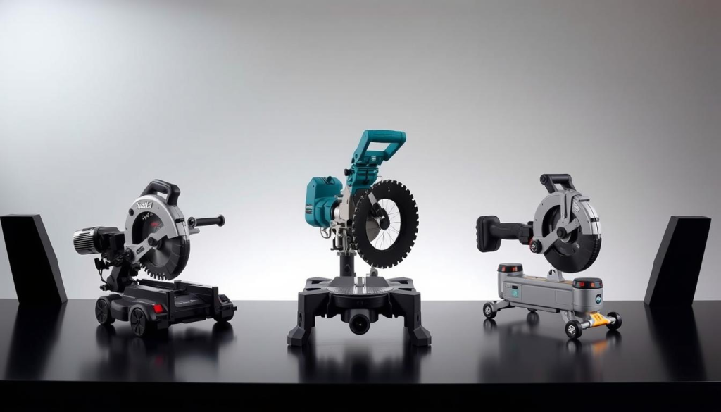A high-quality, professional product comparison image of the Makita track saw kit against its competitors. Displayed in a well-lit, studio-like setting with a clean, neutral background. The Makita kit prominently featured in the foreground, with the competitor models positioned alongside it. The image should capture the key features, design elements, and overall aesthetic of the Makita kit, allowing the viewer to visually assess its capabilities and how it stacks up against the competition. Crisp focus, precise lighting, and carefully composed angles to showcase the products in the best possible light.