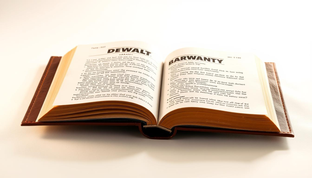 A high-quality, professionally-photographed image of DeWalt's battery warranty terms displayed on an open, leather-bound book against a clean, white backdrop. The book's pages are crisply illuminated by warm, directional lighting, casting soft shadows and highlights that accentuate the detailed text and graphics. The camera is positioned at a slight angle to capture the depth and texture of the page, while maintaining a clear, legible view of the warranty information. The overall mood is one of clarity, authority, and attention to detail, befitting the technical nature of the subject matter.
