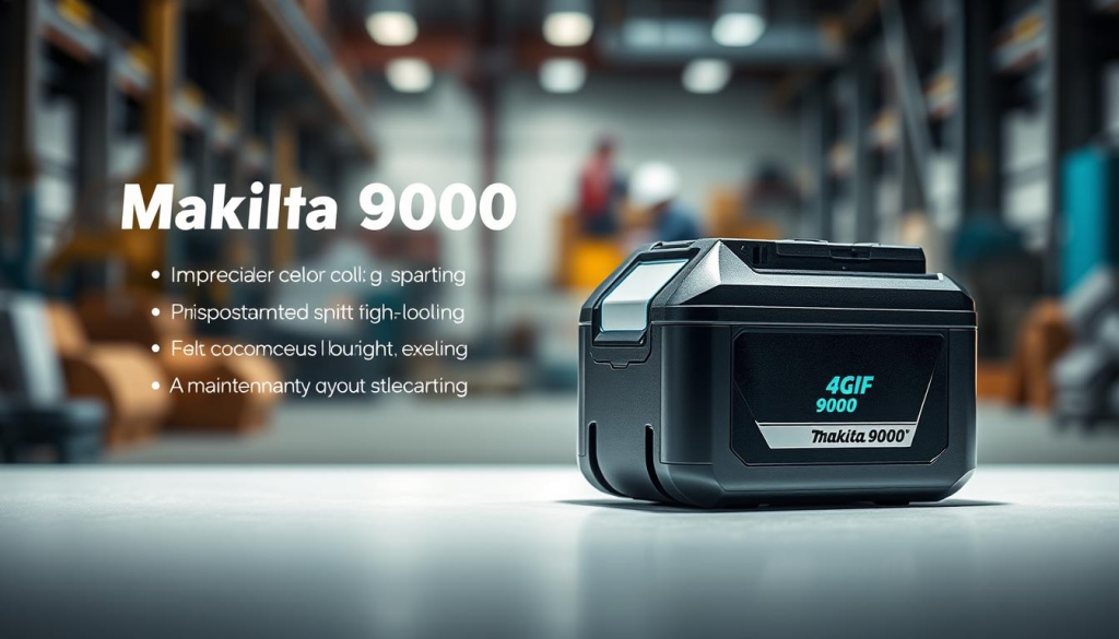 A high-quality, realistic image of a long-lasting Makita 9000 battery. The battery is displayed in the foreground, resting on a clean, well-lit surface. The middle ground showcases the battery's impressive specifications, including its robust casing, high-capacity cells, and advanced cooling system. The background features a blurred, soft-focus industrial setting, hinting at the battery's rugged reliability in demanding work environments. The lighting is carefully crafted to accentuate the battery's sleek design and sturdy construction, conveying a sense of durability and power. The overall mood is one of professional-grade performance and dependability, reflecting the battery's suitability for maintenance-intensive tasks.
