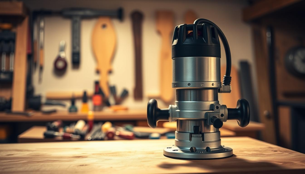A high-quality router sitting on a wooden workbench, bathed in warm, directional lighting. The router's metal body gleams, its precision-machined components visible. In the middle ground, a variety of woodworking tools and accessories are neatly arranged, hinting at the router's versatility. The background is softly blurred, drawing the eye to the router as the focal point. The overall scene conveys a sense of craftsmanship, attention to detail, and the tools required for precise woodworking.