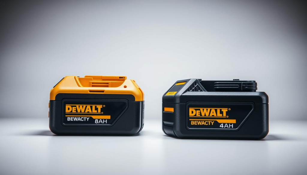 A high-quality side-by-side comparison of a DeWalt 8Ah and 4Ah power tool battery set against a clean, well-lit studio backdrop. The 8Ah battery is prominently displayed in the foreground, showcasing its impressive size and weight. The 4Ah battery is positioned next to it, allowing viewers to clearly discern the differences in capacity. Soft, directional lighting accentuates the sleek, rugged designs of the batteries, highlighting their premium, professional-grade construction. The image conveys a sense of power, durability, and performance, visually demonstrating the key advantages of the 8Ah battery over its smaller counterpart.
