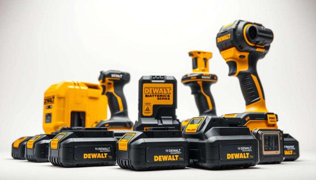 A high-quality studio photograph of a row of DEWALT battery packs, showcasing the different series and their unique visual identities. The batteries are arranged in a clean, organized manner with ample white space, highlighting their distinct designs and color schemes. The lighting is bright and even, creating a crisp, professional look that accentuates the textures and details of the batteries. The camera angle is slightly angled, providing a dynamic perspective that draws the viewer's attention to the variety of battery sizes and types. The overall mood is one of precision, reliability, and technical excellence, reflecting the DEWALT brand's reputation for quality power tools.