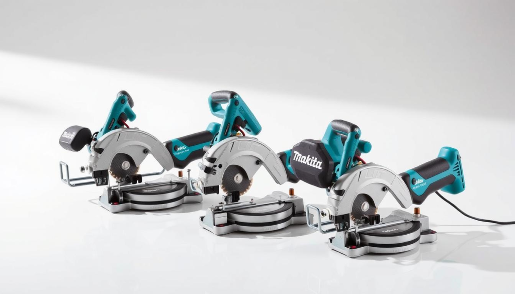 A high-quality studio photograph of three Makita plunge saw models - the SP6000, SP6000J, and SP6000K - neatly arranged in the foreground on a clean, reflective surface. The saws are presented in a well-lit, neutral-toned setting with soft shadows and highlights accentuating their sleek, professional design. The image showcases the distinctive features and subtle differences between the models, allowing for a detailed side-by-side comparison. The overall mood is one of precision, power, and technical expertise, complementing the article's focus on unlocking the potential of Makita's plunge saw lineup.