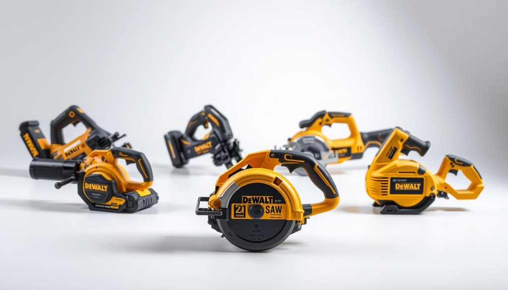 A high-quality studio photograph showcasing the DEWALT Zip Saw in comparison to its competitors. The foreground features the Zip Saw centered, highlighting its sleek and durable design, with its distinctive yellow and black color scheme. The middle ground displays similar cordless saws from other major brands, allowing for a side-by-side visual comparison. The background is a clean, well-lit studio setting with soft shadows and reflections, emphasizing the attention to detail. The lighting is carefully calibrated to showcase the precise craftsmanship and features of each saw. The composition and angles are chosen to provide a comprehensive, informative, and visually appealing comparison.