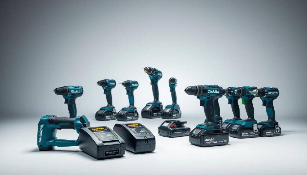 A high-quality studio shot showcasing the Makita Maktrak power tool system in comparison to its competitors. The image features the Maktrak line-up in the foreground, meticulously lit and arranged to highlight their sleek, modern design and robust construction. In the middle ground, similar cordless tools from rival brands are positioned for side-by-side comparison, allowing viewers to assess the features and performance differences. The background is a minimalist white or grey studio setting, creating a clean, professional backdrop that focuses attention on the tools themselves. The lighting is balanced and directional, casting subtle shadows that enhance the three-dimensional forms. The camera angle is positioned to provide an elevated, three-quarter view, giving a comprehensive overview of the product range.