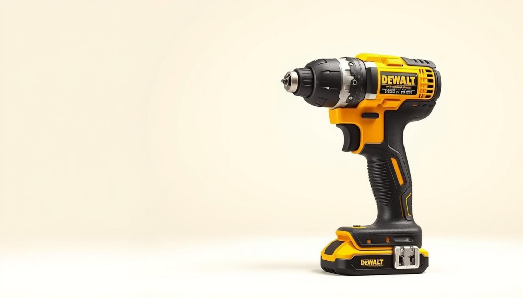 A high-quality technical illustration of a DEWALT impact driver, showcasing its key specifications in a clean, minimalist style. The driver is presented in a crisp, well-lit 3/4 angle view, allowing clear visibility of its features. The body, chuck, and other core components are highlighted with precise, technical-style rendering. The background is a muted, off-white studio setup, providing focus on the subject. Subtle drop shadows and reflections add depth and realism. The overall mood is informative and professional, suitable for a product-focused article section.