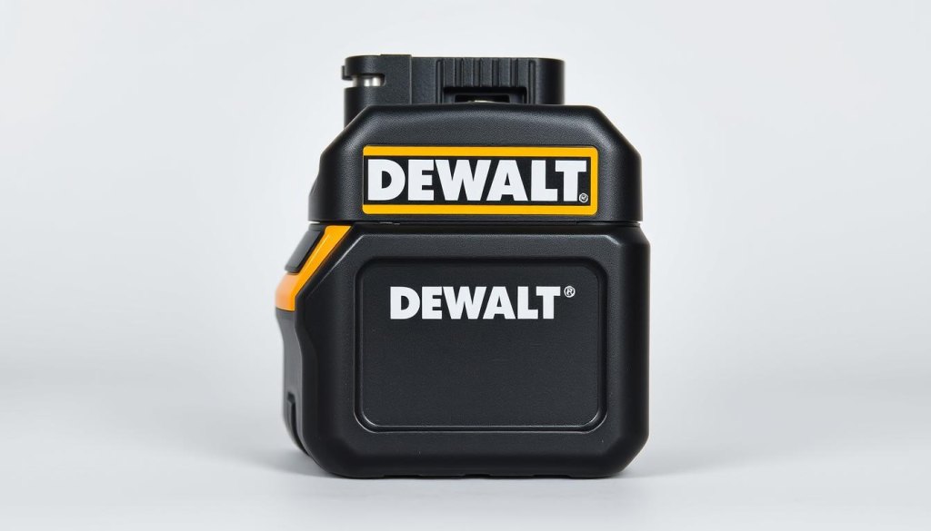 A high-quality, well-lit close-up photograph of a DEWALT 9 amp battery pack, showcasing its robust construction and impressive size. The battery is positioned prominently in the center of the frame, with a clean, neutral background that allows the product to be the focal point. Subtle shadows and highlights accentuate the battery's sleek, modern design and sturdy metal casing. The image should convey a sense of power, durability, and reliability, perfectly capturing the benefits of this powerful DEWALT battery.
