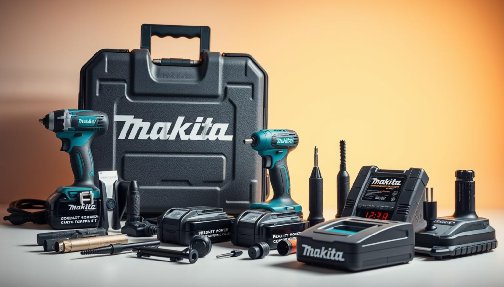 A high-quality, well-lit close-up photograph of a Makita cordless power tool kit, showcasing the various tools and accessories it includes. The kit is displayed against a neutral, minimalist background that allows the tools to take center stage. The lighting is warm and diffused, highlighting the sleek, professional design of the Makita brand. The composition focuses on the arrangement of the tools, capturing their form and function in a visually appealing way. The image conveys a sense of precision, durability, and the versatility of the Makita cordless power tool kit.