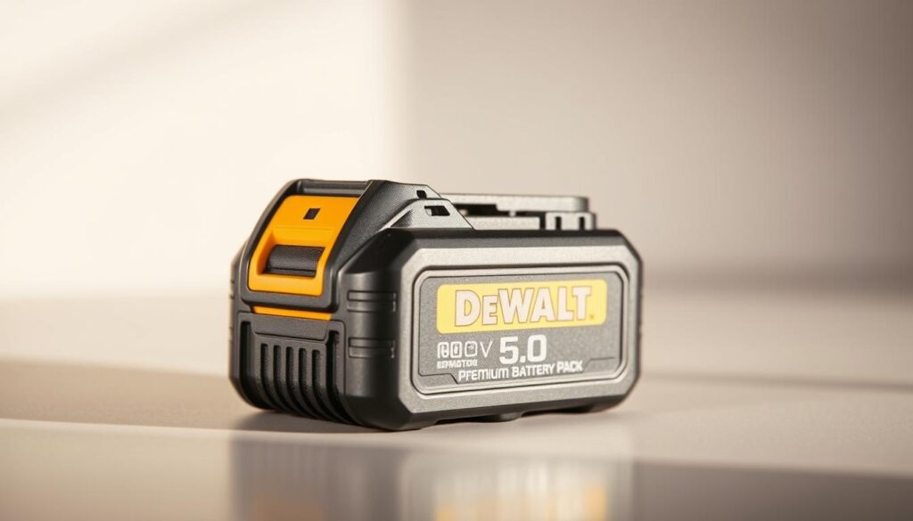A high-quality, well-lit close-up shot of a Dewalt 5.0 battery pack, showcasing its robust design and premium construction. The battery is positioned prominently in the center of the frame, its metallic casing reflecting the light beautifully. The background is a clean, neutral surface that allows the battery to stand out. The lighting is soft and diffused, creating subtle shadows that accentuate the battery's contours and textures. The angle is slightly tilted, giving the image a dynamic and engaging composition. The overall mood is one of confidence, reliability, and attention to detail - capturing the essence of a premium power tool accessory.