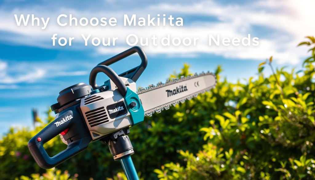 A high-quality, well-lit image of a Makita pole saw, showcasing its sturdy and durable construction. The saw is positioned in the foreground, its metallic body and high-performance motor clearly visible. The middle ground features a lush, verdant garden setting, with vibrant greenery and warm, natural lighting to emphasize the tool's outdoor utility. In the background, a clear blue sky with wispy clouds creates a serene, peaceful atmosphere. The overall composition highlights the Makita pole saw's versatility and suitability for demanding outdoor tasks, perfectly complementing the section title "Why Choose Makita for Your Outdoor Needs?"