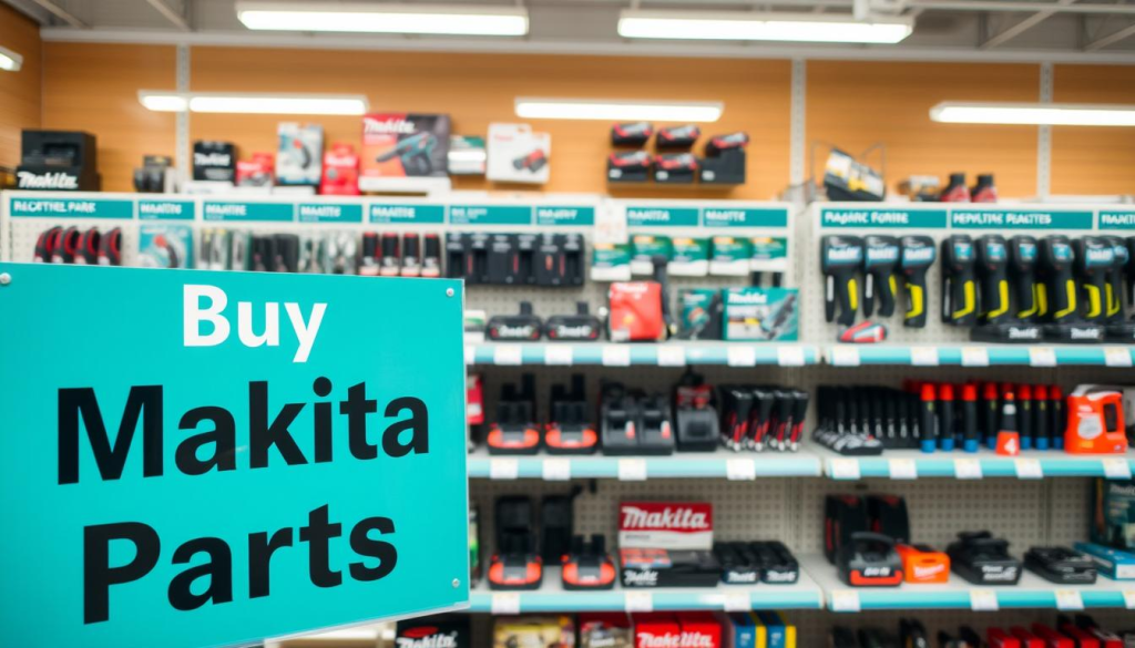 A high-quality, well-lit image of a neatly organized hardware store shelf, stocked with a variety of genuine Makita power tool parts and accessories. The foreground features a prominent sign reading "Buy Makita Parts" in a bold, eye-catching font. The middle ground showcases a diverse selection of Makita replacement parts, including batteries, chargers, and various tool attachments, all arranged in a visually appealing and informative manner. The background depicts the warm, inviting ambiance of the store, with soft lighting and clean, modern shelving units. The overall composition conveys a sense of professionalism, quality, and a convenient shopping experience for customers seeking authentic Makita products.