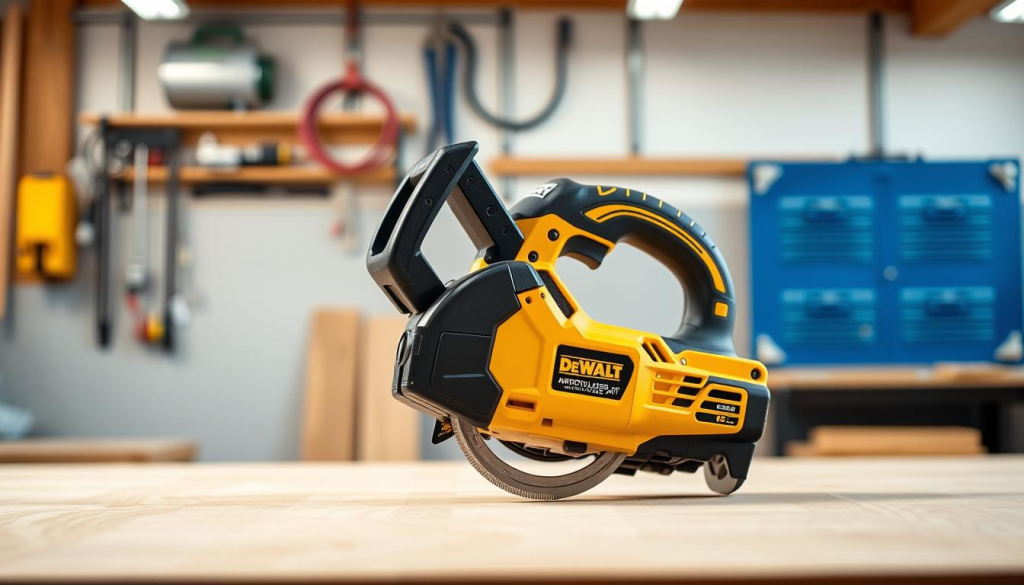 A high-quality, well-lit photograph of a DEWALT cordless zip saw in a professional workshop setting. The saw is prominently displayed in the center of the frame, its sleek black and yellow design standing out against a clean, neutral background. The image captures the saw's compact size and ergonomic handle, showcasing its portability and ease of use. Soft, directional lighting highlights the tool's sturdy construction and precision engineering, conveying a sense of power and reliability. The background is slightly blurred, keeping the focus on the saw's key features and demonstrating its versatility in a variety of professional applications.
