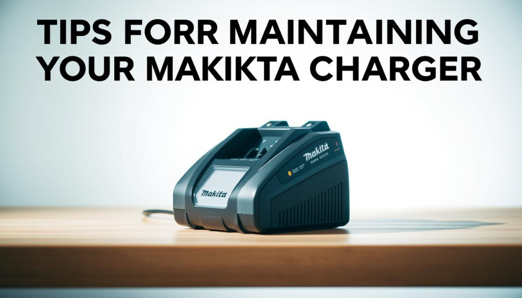 A high-quality, well-lit photograph of a Makita battery charging station, positioned prominently on a clean, minimal wooden surface. The charger is shown at an angle, with a sleek, modern design and clear indicators showcasing its charging status. The background is blurred, creating a sense of focus on the charger. The lighting is soft and diffused, casting gentle shadows that accentuate the product's form and features. The overall atmosphere is professional, highlighting the charger's practicality and reliability, reflecting the "Tips for Maintaining Your Makita Charger" section of the article.