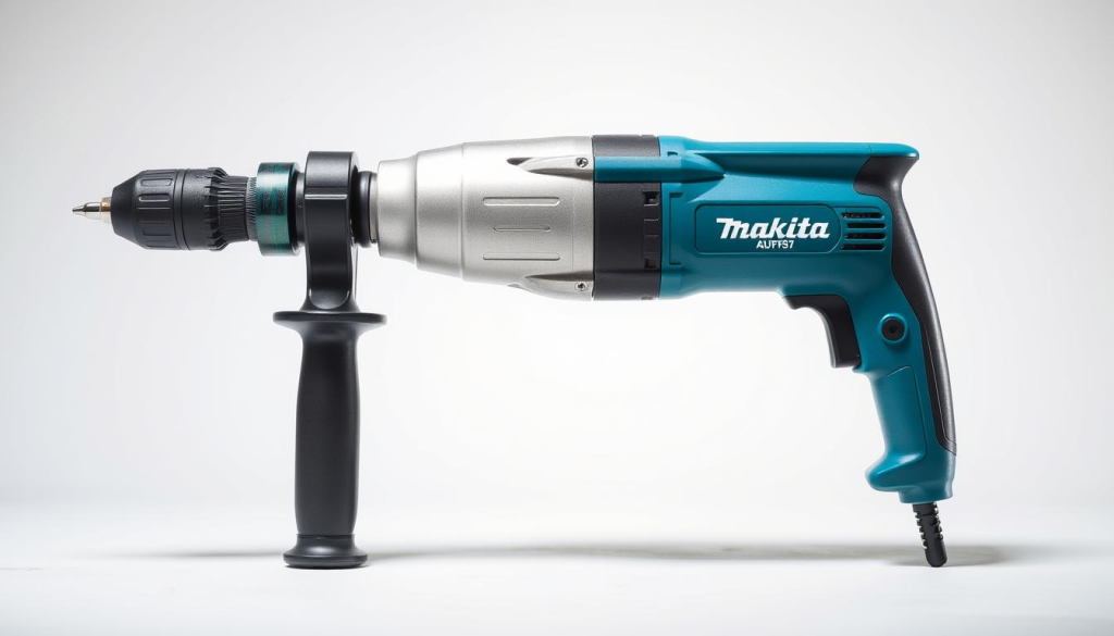 A high-quality, well-lit photograph of a Makita corded hammer drill, showcasing its key features. The drill is centered in the frame, with a clean, neutral background to accentuate its design. The image captures the drill's powerful and robust construction, including its sturdy metal casing, ergonomic handle, and prominent hammer mechanism. The lighting is bright and directional, highlighting the drill's sleek lines and metallic accents. The perspective is slightly elevated, providing a detailed view of the drill's controls and functions. The overall atmosphere conveys a sense of professionalism and technical precision, befitting the subject matter.