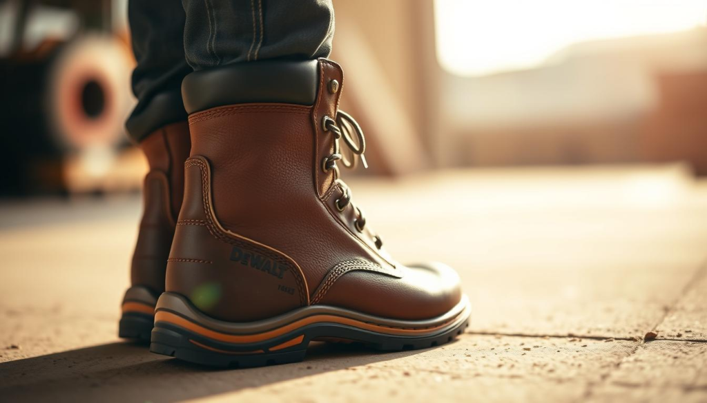 A high-quality, well-lit photograph of a pair of Dewalt work boots, taken from a low angle to emphasize their rugged construction. The boots are depicted in the foreground, with a crisp, detailed focus on the textured leather uppers, reinforced toe caps, and durable soles. The mid-ground showcases the Dewalt logo prominently displayed on the side of the boots, while the background is softly blurred, creating a sense of depth and highlighting the boots as the main subject. The lighting is warm and natural, casting subtle shadows that accentuate the boots' contours and features. The overall mood is one of reliability, durability, and the hardworking spirit associated with the Dewalt brand.